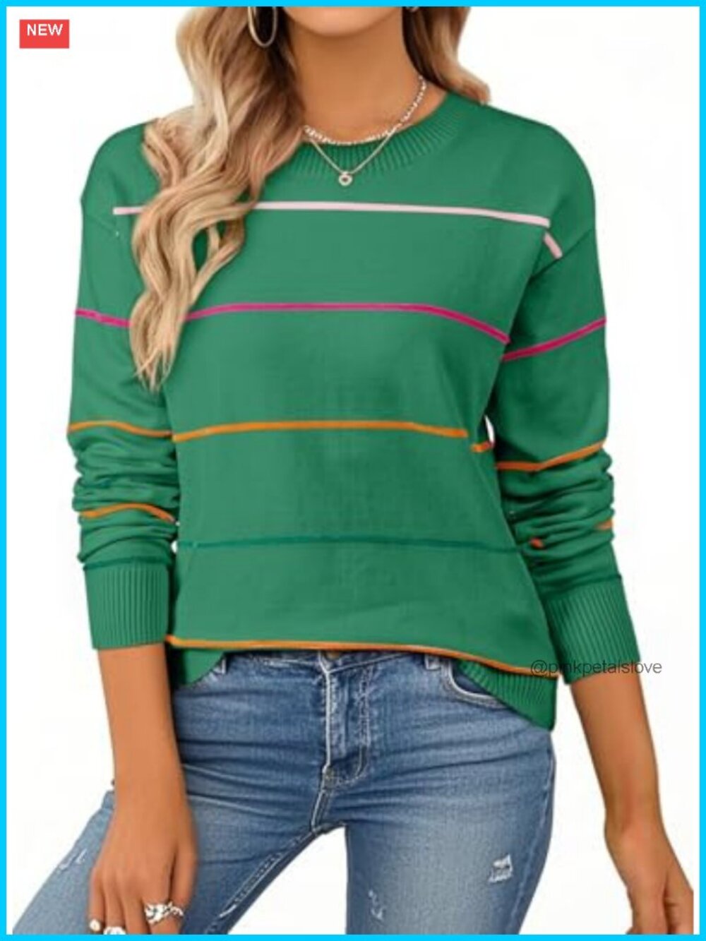 Womens Crew Neck Striped Knit Long Sleeve Sweater Fall Winter Pullover